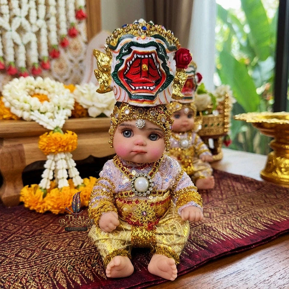 Authentic Thai 8-Inch Baby Kuman Thong Look Thep Spirit Child Doll - Traditional Thai Khon Costume for Extreme Metta Charm, Business Wealth & Luck