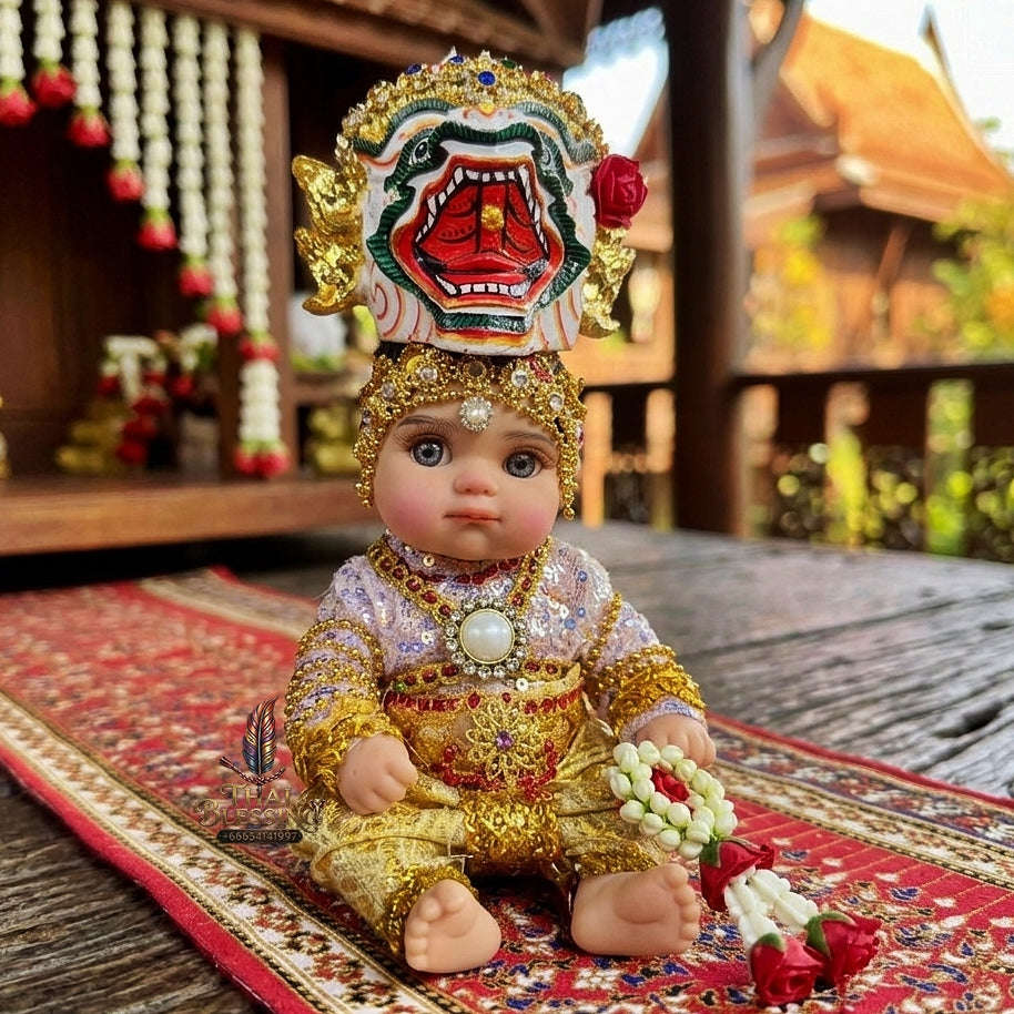 Authentic Thai 8-Inch Baby Kuman Thong Look Thep Spirit Child Doll - Traditional Thai Khon Costume for Extreme Metta Charm, Business Wealth & Luck