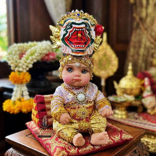 Authentic Thai 8-Inch Baby Kuman Thong Look Thep Spirit Child Doll - Traditional Thai Khon Costume for Extreme Metta Charm, Business Wealth & Luck Thai Blessing Co By RURUECHA