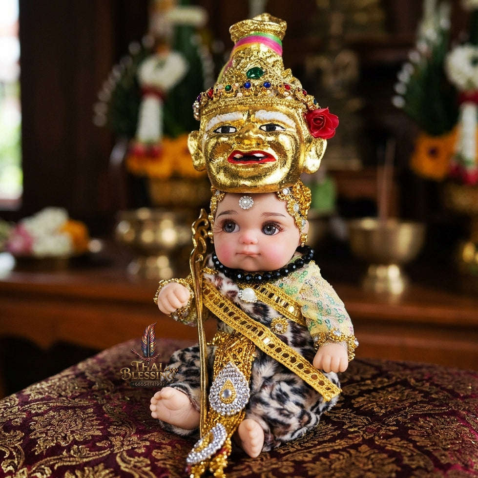 Authentic Thai 8-Inch Baby Kuman Thong Look Thep Spirit Child Doll - Traditional Thai Khon Costume for Extreme Metta Charm, Business Wealth & Wisdom Thai Blessing Co By RURUECHA