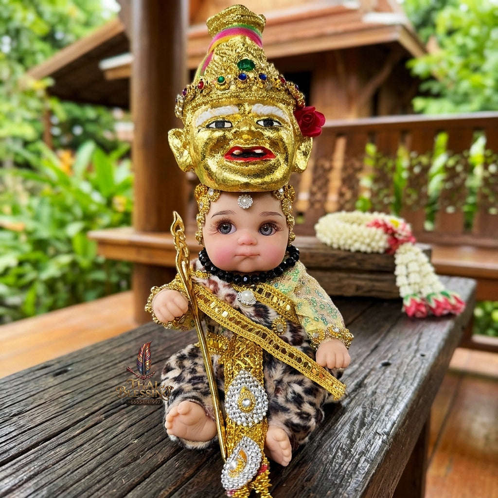 Authentic Thai 8-Inch Baby Kuman Thong Look Thep Spirit Child Doll - Traditional Thai Khon Costume for Extreme Metta Charm, Business Wealth & Wisdom Thai Blessing Co By RURUECHA