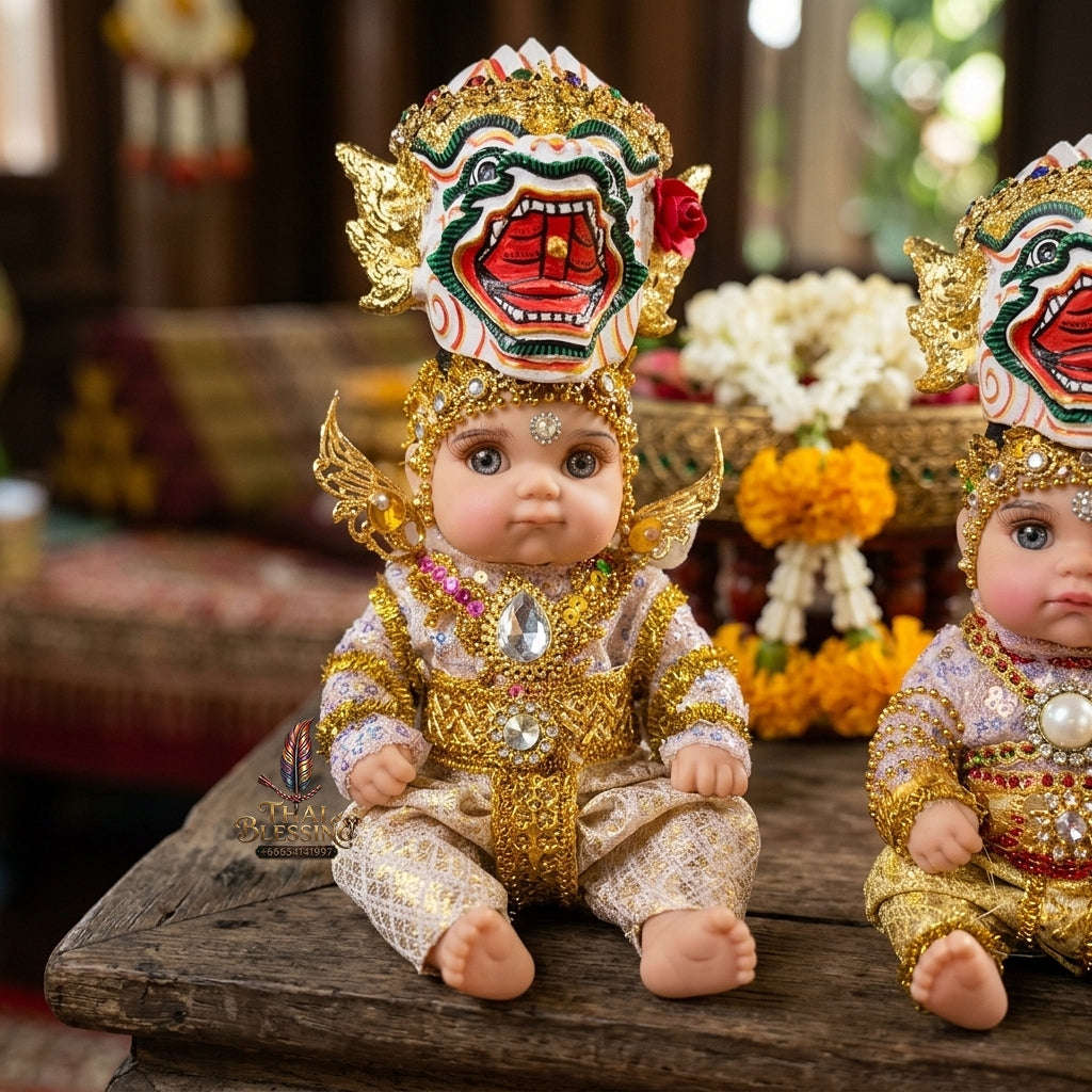Authentic Thai 8-Inch Baby Kuman Thong Look Thep Spirit Child Doll - Traditional Thai Khon Costume & Hanuman Mask Edition for Extreme Metta Charm, Business Wealth & Luck Thai Blessing Co By RURUECHA