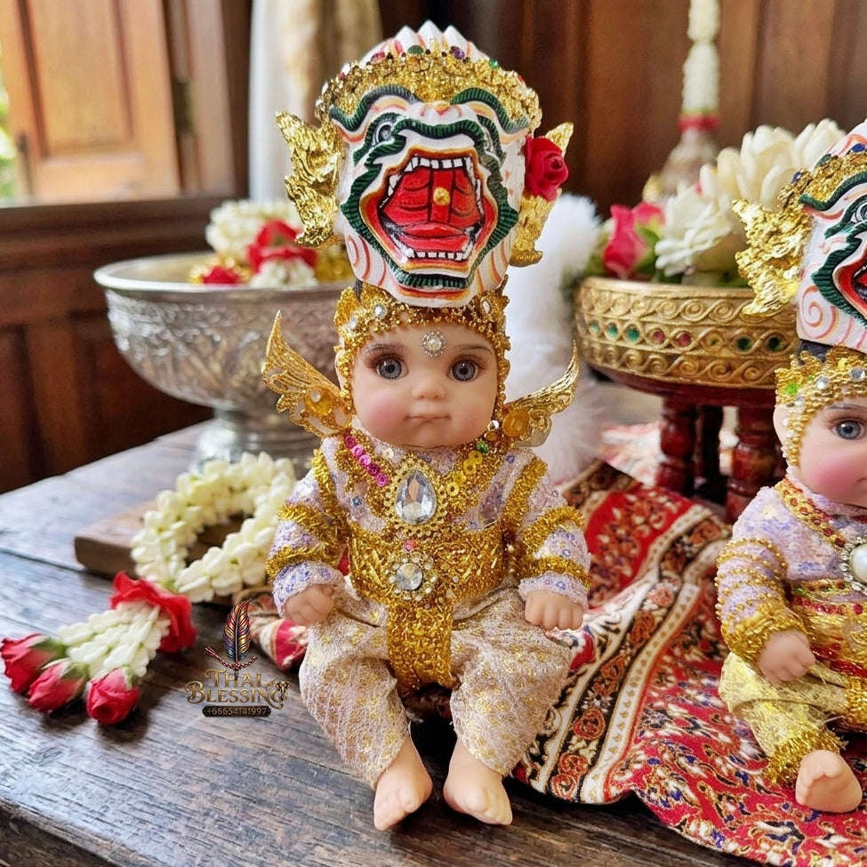 Authentic Thai 8-Inch Baby Kuman Thong Look Thep Spirit Child Doll - Traditional Thai Khon Costume & Hanuman Mask Edition for Extreme Metta Charm, Business Wealth & Luck Thai Blessing Co By RURUECHA