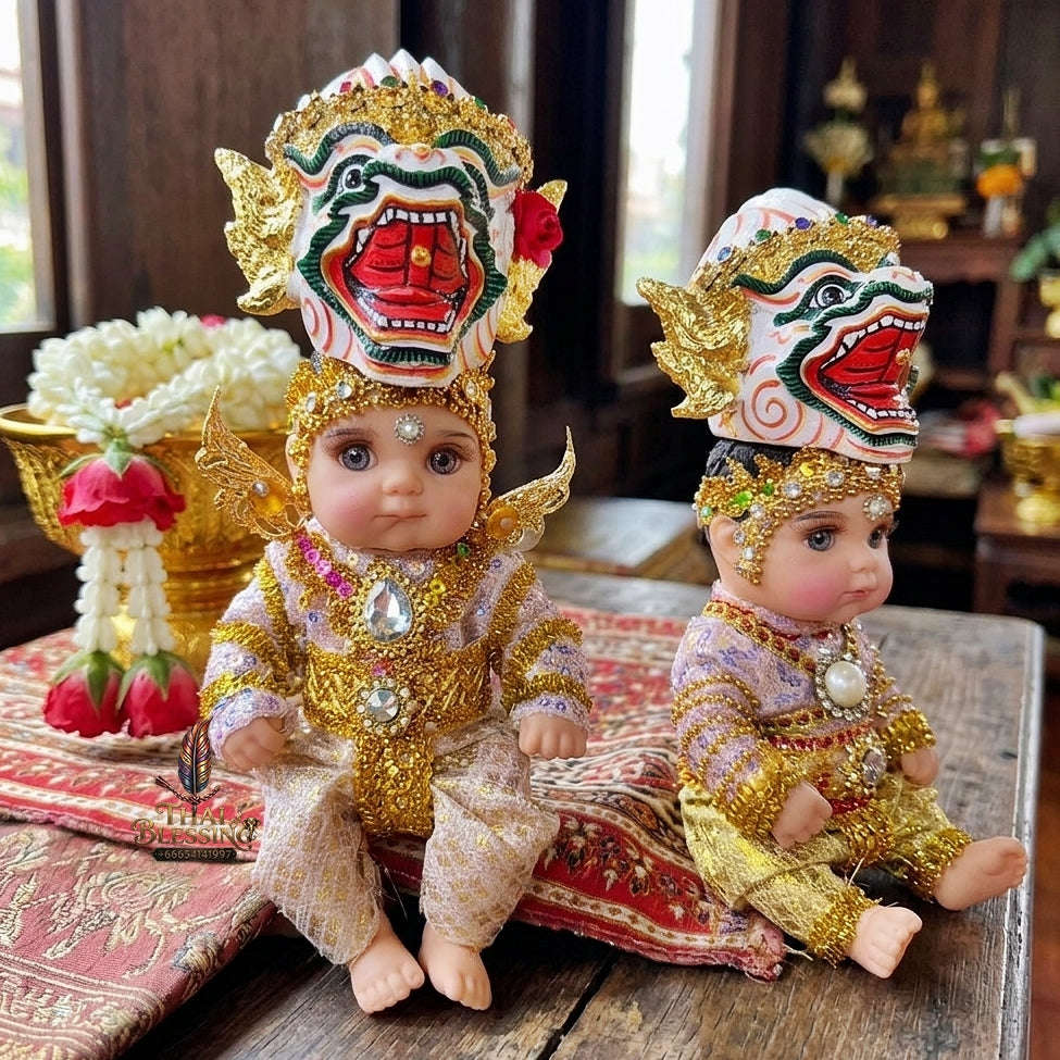 Authentic Thai 8-Inch Baby Kuman Thong Look Thep Spirit Child Doll - Traditional Thai Khon Costume & Hanuman Mask Edition for Extreme Metta Charm, Business Wealth & Luck Thai Blessing Co By RURUECHA