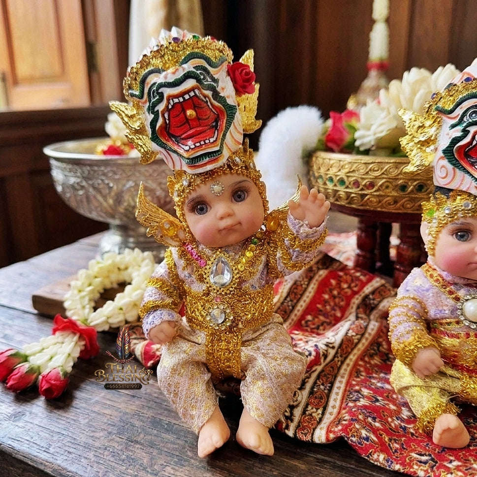 Authentic Thai 8-Inch Baby Kuman Thong Look Thep Spirit Child Doll - Traditional Thai Khon Costume & Hanuman Mask Edition for Extreme Metta Charm, Business Wealth & Luck Thai Blessing Co By RURUECHA