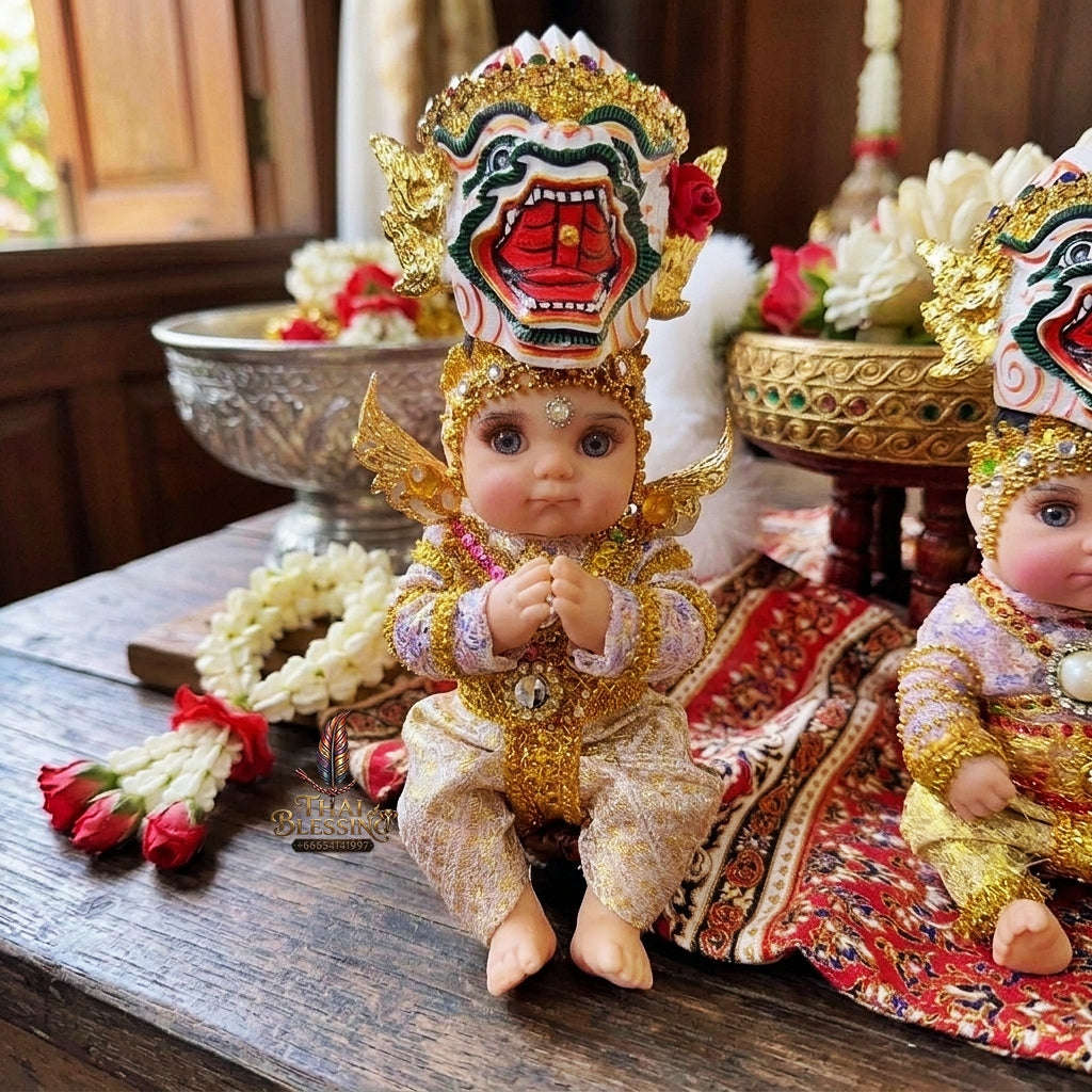 Authentic Thai 8-Inch Baby Kuman Thong Look Thep Spirit Child Doll - Traditional Thai Khon Costume & Hanuman Mask Edition for Extreme Metta Charm, Business Wealth & Luck Thai Blessing Co By RURUECHA