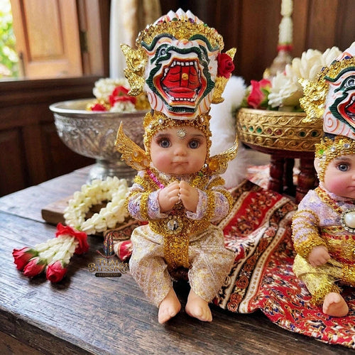 Authentic Thai 8-Inch Baby Kuman Thong Look Thep Spirit Child Doll - Traditional Thai Khon Costume & Hanuman Mask Edition for Extreme Metta Charm, Business Wealth & Luck Thai Blessing Co By RURUECHA