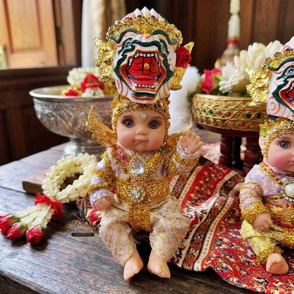 Authentic Thai 8-Inch Baby Kuman Thong Look Thep Spirit Child Doll - Traditional Thai Khon Costume & Hanuman Mask Edition for Extreme Metta Charm, Business Wealth & Luck Thai Blessing Co By RURUECHA