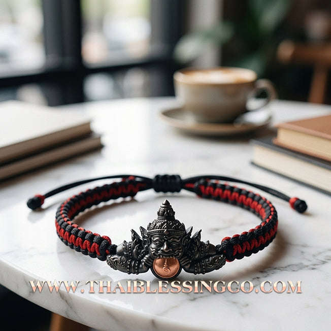 🌟 ✨ Authentic Thai Amulet 2022: Sovereign "Phra Rahu Nun Duang Setthee" (Millionaire Destiny Booster) Bracelet – Sacred Blackened Samrit & Red Moon Edition by Ajarn Plien Hatyanon