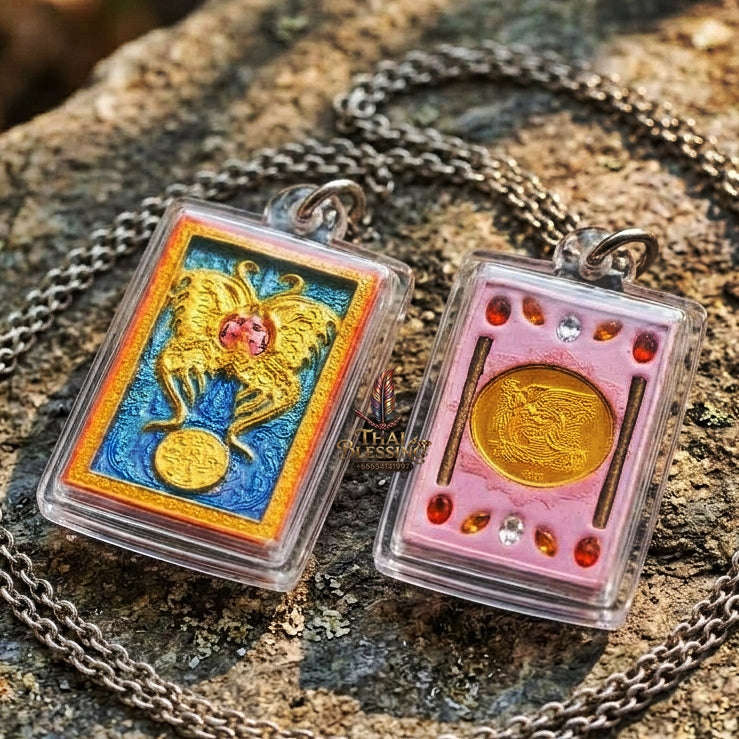 Authentic Thai Amulet "King of Butterflies Thep Chamlaeng Phamon Sacred Pink Powder Pendant" Consecrated by Kruba Krissana Intawanno, Weruwan Monastery B.E. 2555 (2012) - Encrusted with Gemstones, Dual Takrut & Sacred Gold Coin Insert Thai