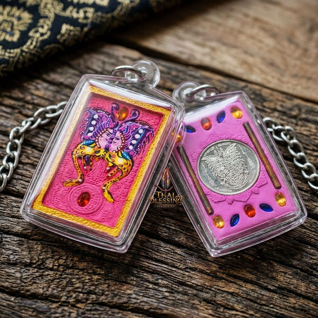 Authentic Thai Amulet "King of Butterflies Thep Chamlaeng Phamon Sacred Pink Powder Pendant" Consecrated by Kruba Krissana Intawanno, Weruwan Monastery B.E. 2555 (2012) - Encrusted with Gemstones, Dual Takrut & Sacred Silver Butterfly Coin Thai