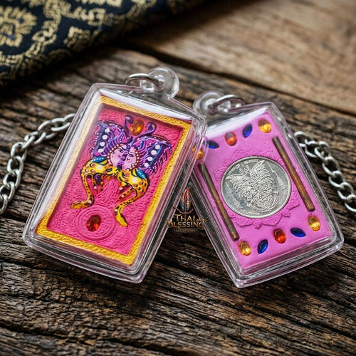 Authentic Thai Amulet "King of Butterflies Thep Chamlaeng Phamon Sacred Pink Powder Pendant" Consecrated by Kruba Krissana Intawanno, Weruwan Monastery B.E. 2555 (2012) - Encrusted with Gemstones, Dual Takrut & Sacred Silver Butterfly Coin Thai