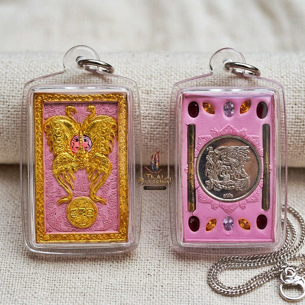 Authentic Thai Amulet "King of Butterflies Thep Chamlaeng Phamon Sacred Pink Powder Pendant" Consecrated by Kruba Krissana Intawanno, Weruwan Monastery B.E. 2555 (2012) Thai Blessing Co By RURUECHA
