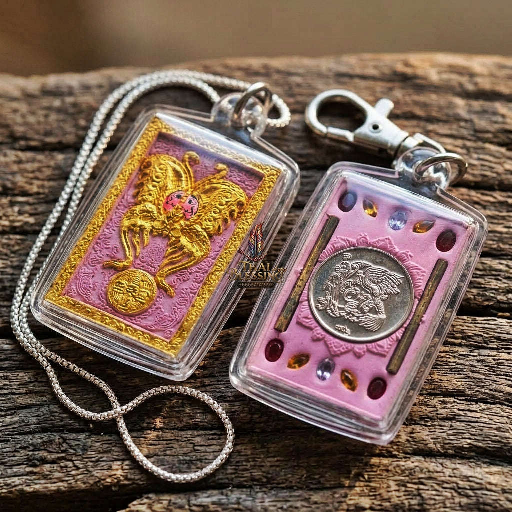 Authentic Thai Amulet "King of Butterflies Thep Chamlaeng Phamon Sacred Pink Powder Pendant" Consecrated by Kruba Krissana Intawanno, Weruwan Monastery B.E. 2555 (2012) Thai Blessing Co By RURUECHA