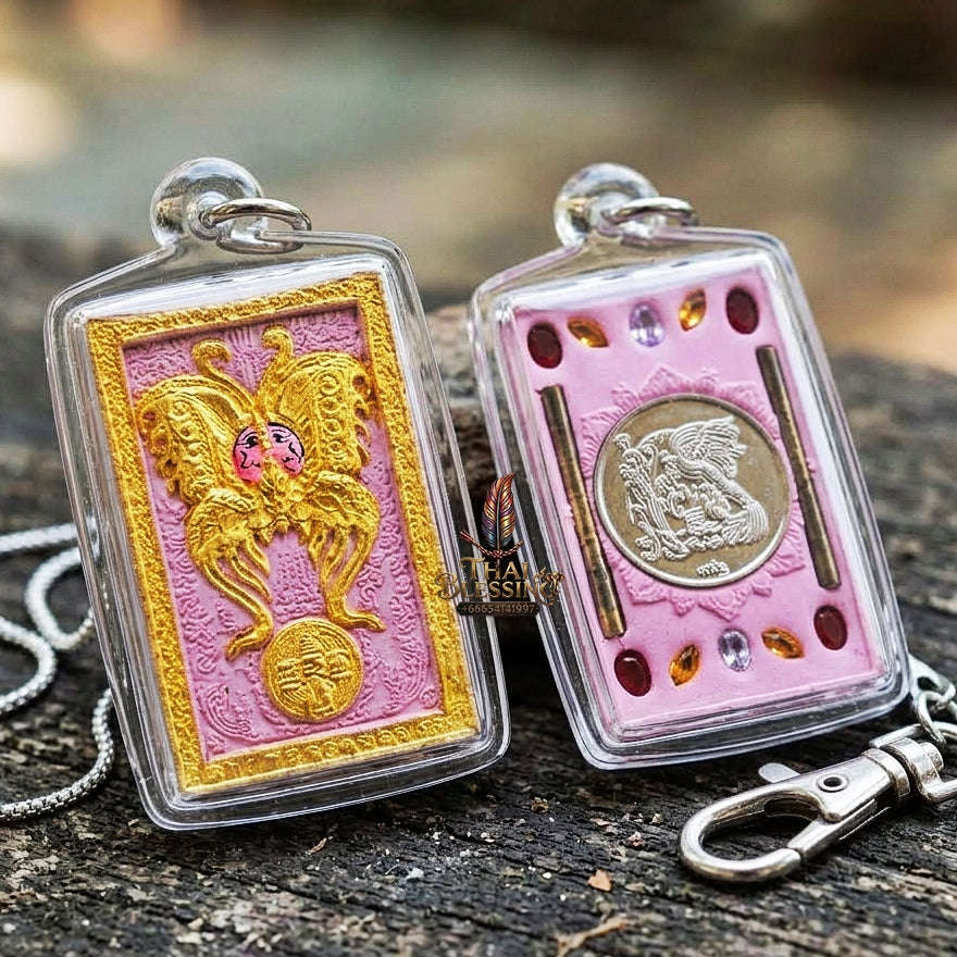 Authentic Thai Amulet "King of Butterflies Thep Chamlaeng Phamon Sacred Pink Powder Pendant" Consecrated by Kruba Krissana Intawanno, Weruwan Monastery B.E. 2555 (2012) Thai Blessing Co By RURUECHA