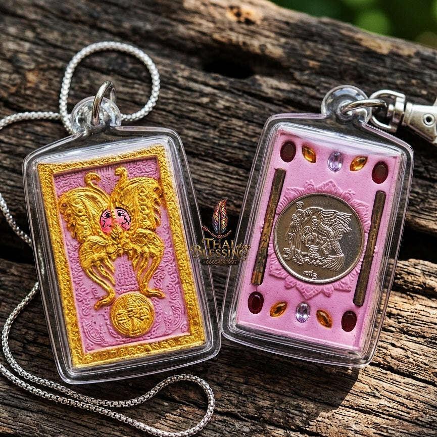 Authentic Thai Amulet "King of Butterflies Thep Chamlaeng Phamon Sacred Pink Powder Pendant" Consecrated by Kruba Krissana Intawanno, Weruwan Monastery B.E. 2555 (2012) Thai Blessing Co By RURUECHA