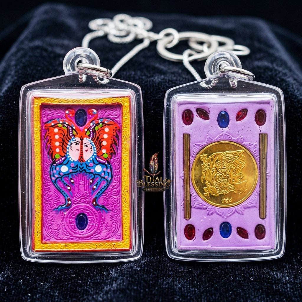 Authentic Thai Amulet "King of Butterflies Thep Chamlaeng Phamon Sacred Pink Powder Pendant" Consecrated by Kruba Krissana Intawanno, Weruwan Monastery B.E. 2555 (2012) Thai Blessing Co By RURUECHA