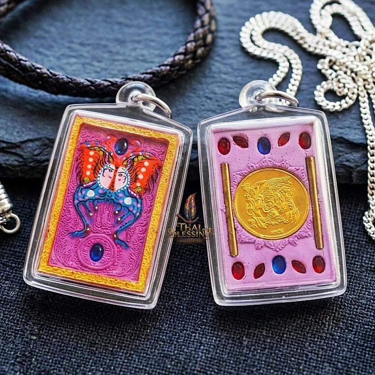 Authentic Thai Amulet "King of Butterflies Thep Chamlaeng Phamon Sacred Pink Powder Pendant" Consecrated by Kruba Krissana Intawanno, Weruwan Monastery B.E. 2555 (2012) Thai Blessing Co By RURUECHA