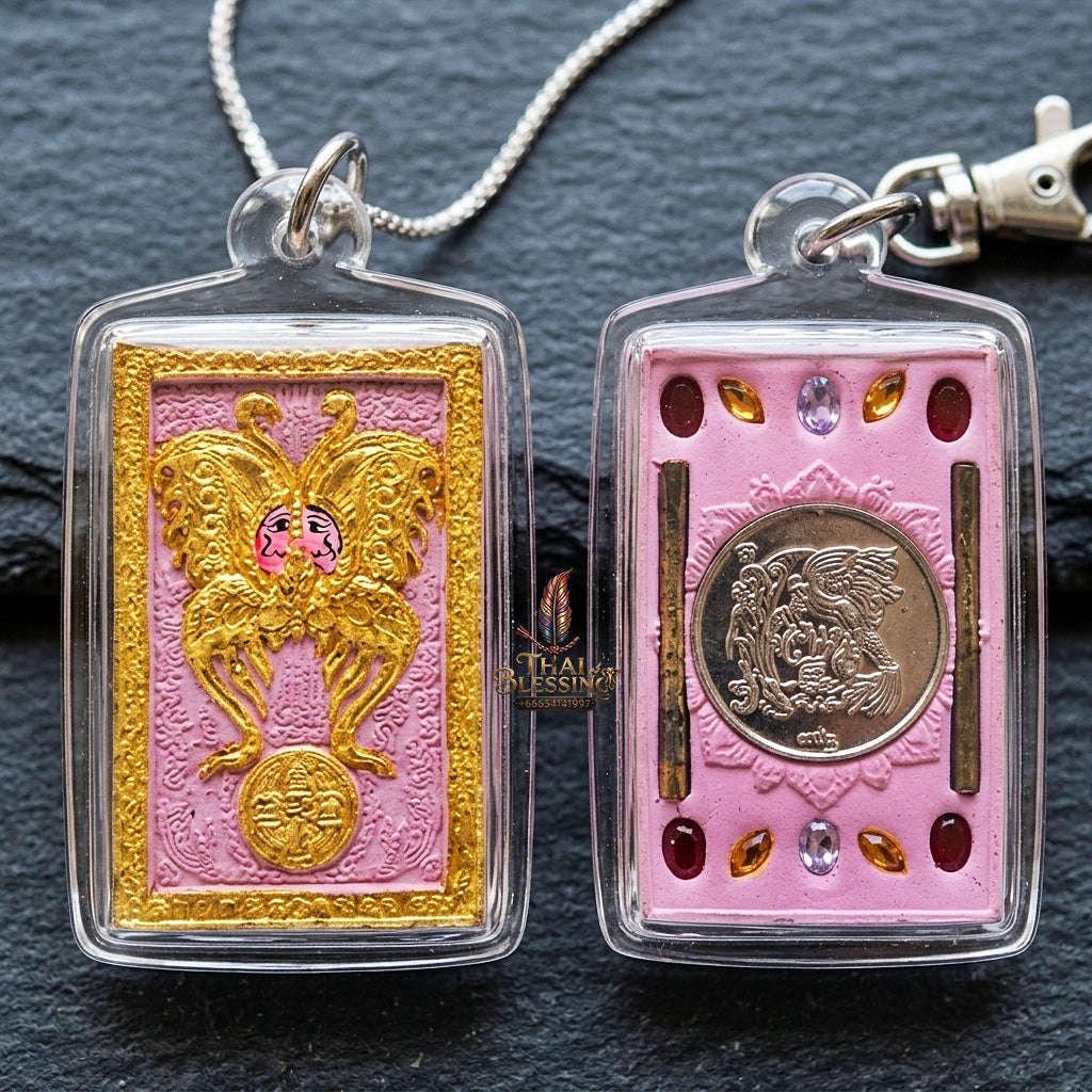 Authentic Thai Amulet "King of Butterflies Thep Chamlaeng Phamon Sacred Pink Powder Pendant" Consecrated by Kruba Krissana Intawanno, Weruwan Monastery B.E. 2555 (2012) Thai Blessing Co By RURUECHA