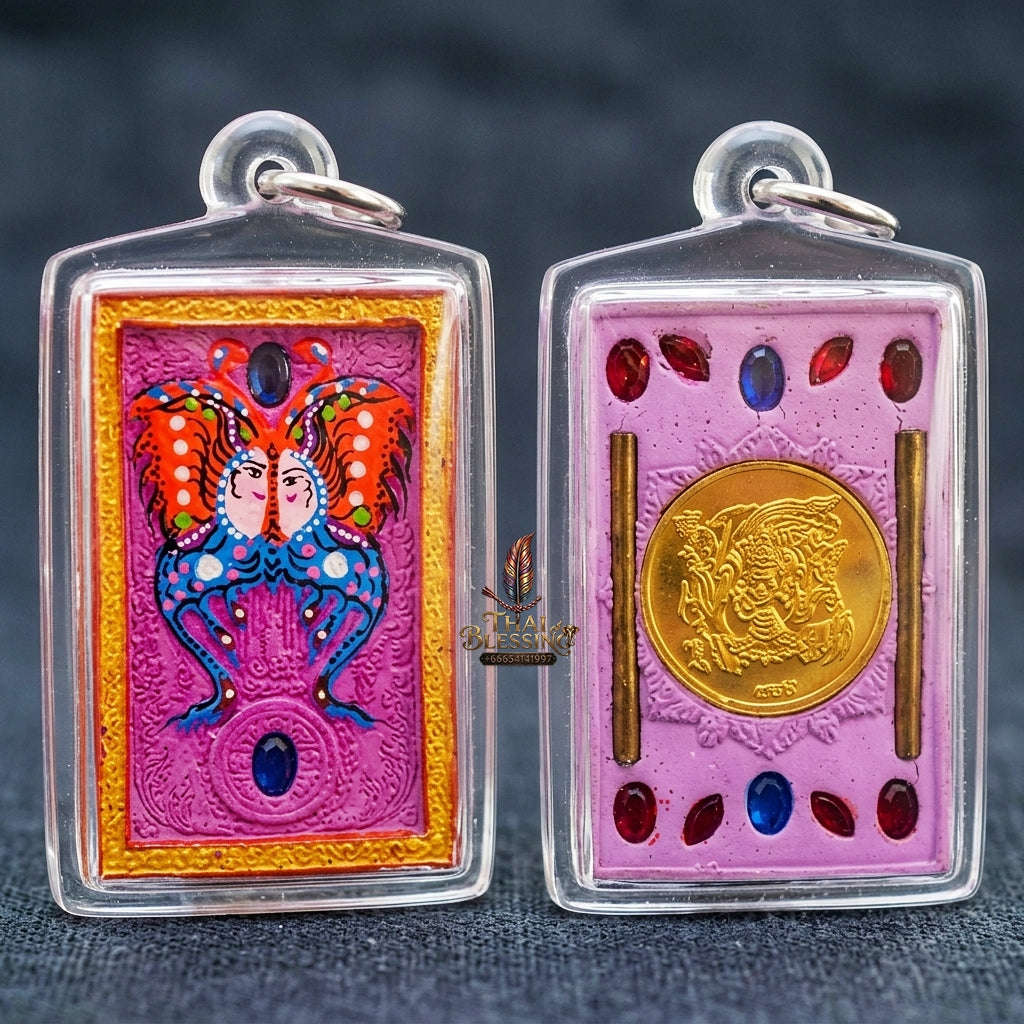 Authentic Thai Amulet "King of Butterflies Thep Chamlaeng Phamon Sacred Pink Powder Pendant" Consecrated by Kruba Krissana Intawanno, Weruwan Monastery B.E. 2555 (2012) Thai Blessing Co By RURUECHA