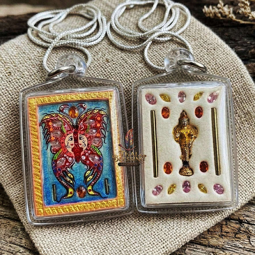 Authentic Thai Amulet "King of Butterflies Thep Chamlaeng Phamon Sacred Powder Pendant" Consecrated by Kruba Krissana Intawanno, Weruwan Monastery B.E. 2555 (2012) - Encrusted with Gemstones, Dual Takrut & Ganesha Statuette Thai Blessing Co By