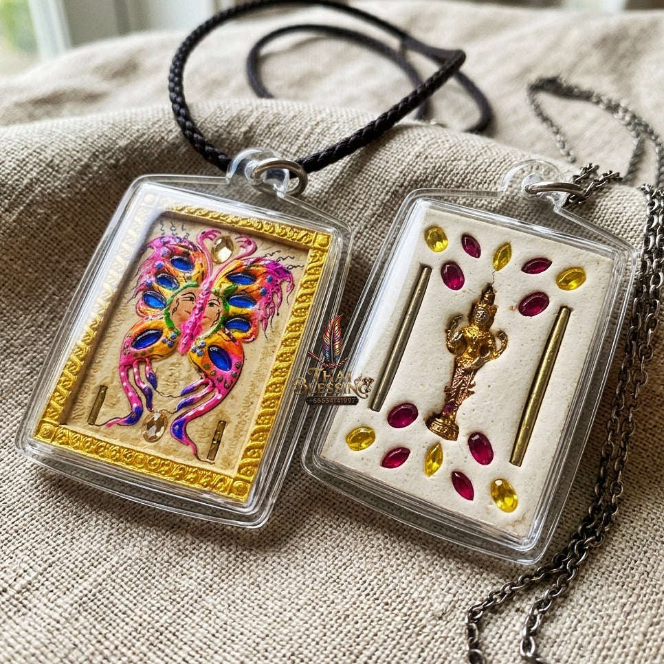 Authentic Thai Amulet "King of Butterflies Thep Chamlaeng Phamon Sacred Powder Pendant" Consecrated by Kruba Krissana Intawanno, Weruwan Monastery B.E. 2555 (2012) Thai Blessing Co By RURUECHA