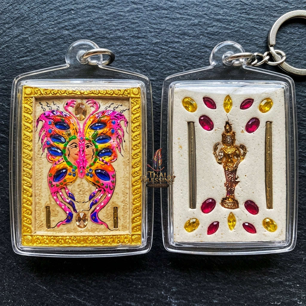 Authentic Thai Amulet "King of Butterflies Thep Chamlaeng Phamon Sacred Powder Pendant" Consecrated by Kruba Krissana Intawanno, Weruwan Monastery B.E. 2555 (2012) Thai Blessing Co By RURUECHA