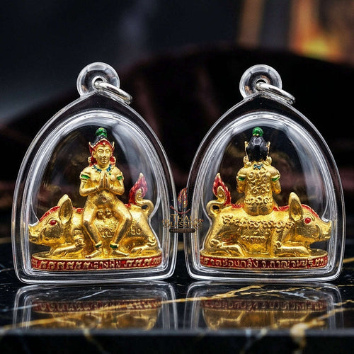 Authentic Thai Amulet "Mae Nang Phim Riding Wild Boar Enameled Thong Thip Brass Pendant" Consecrated by Phra Ajarn Prasan, Wat Chong Kling B.E. 2561 (2018) - Direct Nephew & Lineage Disciple of Luang Pu Up, Wat Thong Sai Thai Blessing Co By