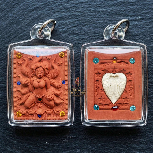 Authentic Thai Amulet "Nine-Tailed Fox Spirit Queen Sacred Charm Powder Pendant" Consecrated by Kruba Khampeng, Asom Sukhawadi B.E. 2566 (2023) - Encrusted with Gemstones & Carved Salika Heart Insert Thai Blessing Co By RURUECHA