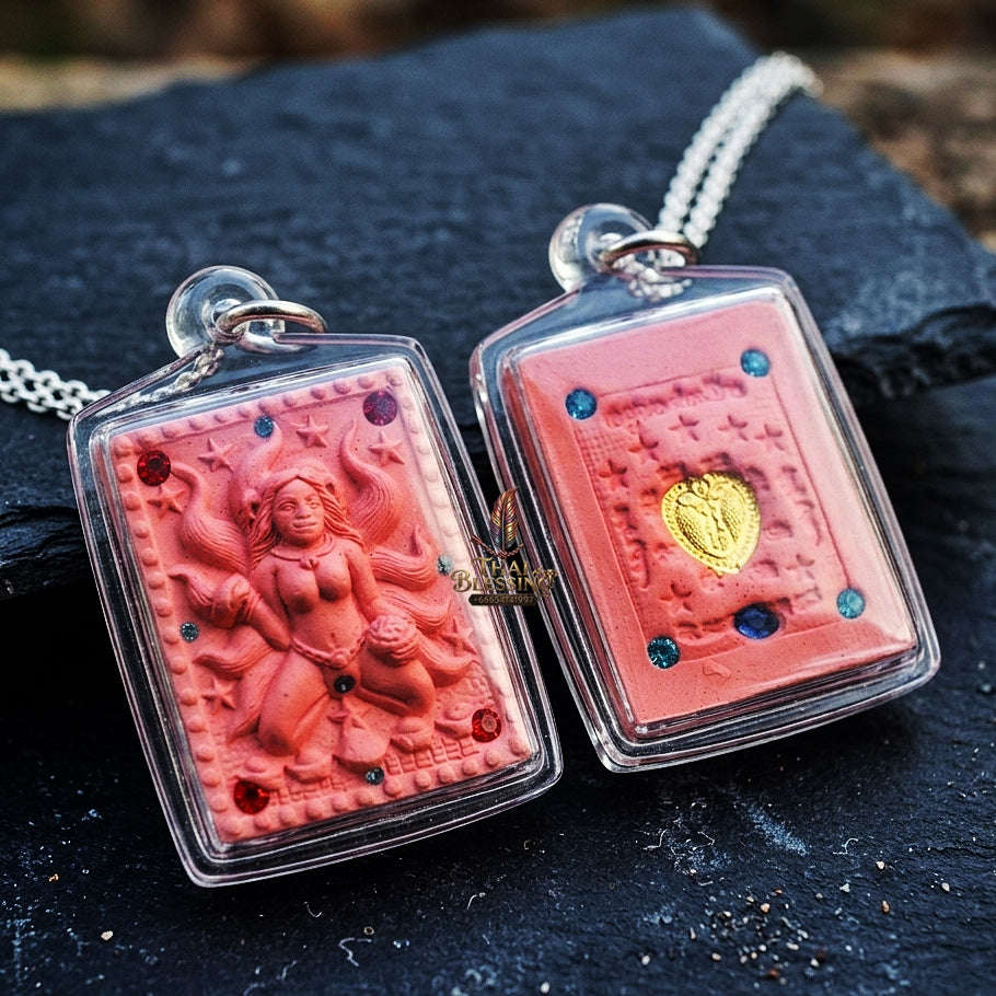 Authentic Thai Amulet "Nine-Tailed Fox Spirit Queen Sacred Charm Powder Pendant" Consecrated by Kruba Khampeng, Asom Sukhawadi B.E. 2566 (2023) - Encrusted with Gemstones & Golden Heart Medallion