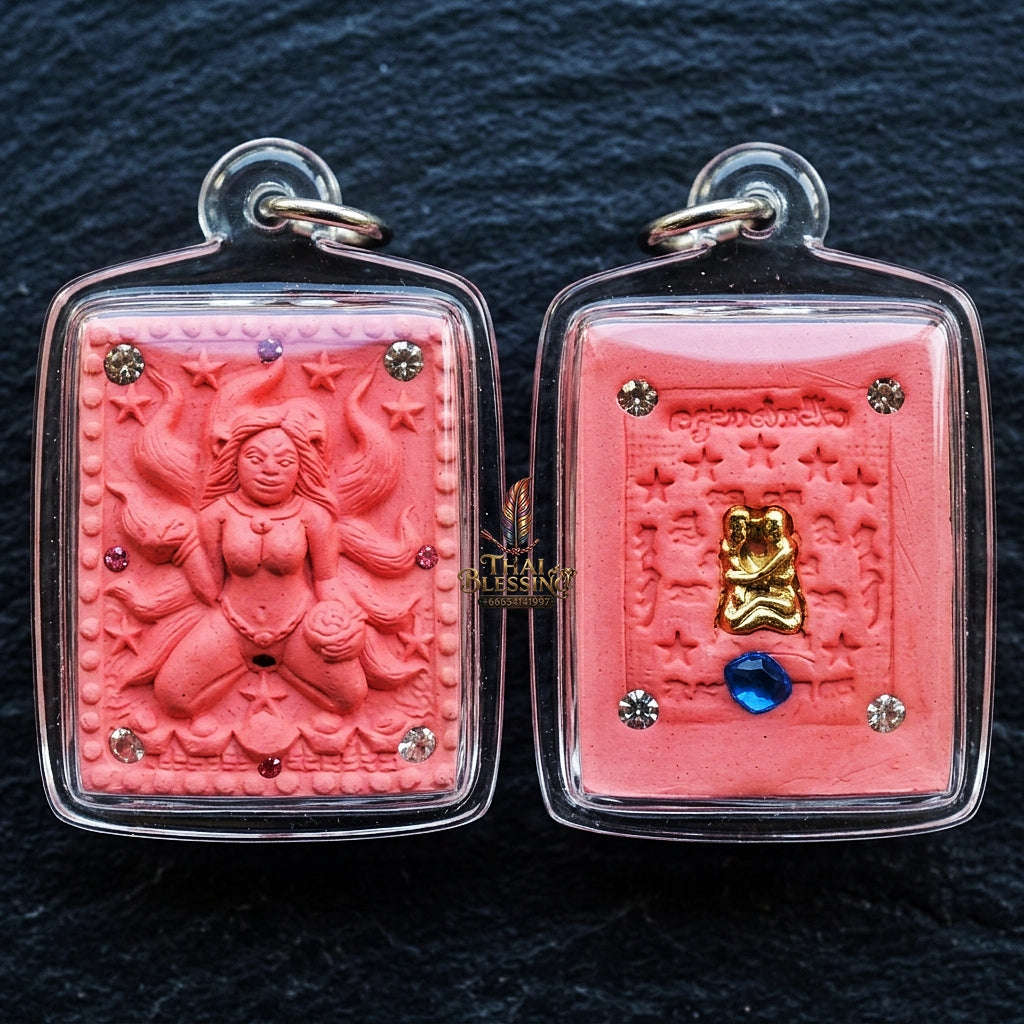 Authentic Thai Amulet "Nine-Tailed Fox Spirit Queen Sacred Pink Charm Powder Pendant" Consecrated by Kruba Khampeng, Asom Sukhawadi B.E. 2566 (2023) - Encrusted with Gemstones & Golden In Koo Couple Insert Thai Blessing Co By RURUECHA