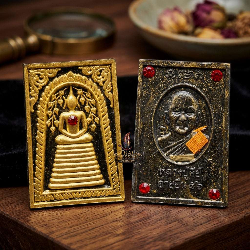 ✨ Authentic Thai Amulet Phra Somdej Prok Pho Bailan Gold Patina - Blessed Longevity Edition Talisman by Luang Pu Key Wat Sri Lamyong 2556 for Wealth and Protection Thai Blessing Co By RURUECHA