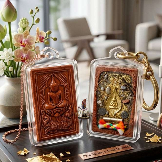 ✨ Authentic Thai Amulet Phra Somdej Whak Marn Kaisorn Naga Baked Clay - Blessed Statue with Phra Pidta Reverse for Ultimate Wealth and Barrier Protection Thai Blessing Co By RURUECHA