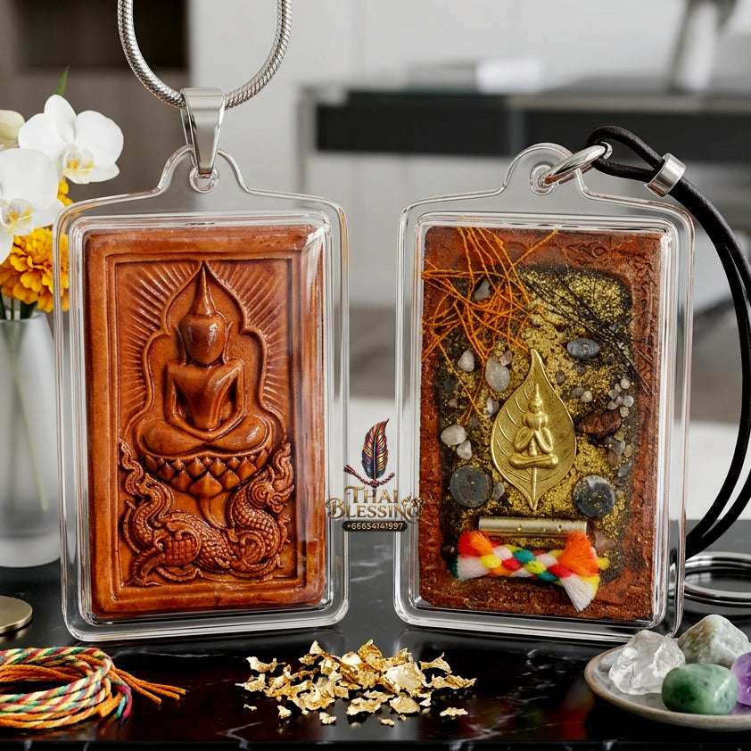 ✨ Authentic Thai Amulet Phra Somdej Whak Marn Kaisorn Naga Baked Clay - Blessed Statue with Phra Pidta Reverse for Ultimate Wealth and Barrier Protection Thai Blessing Co By RURUECHA
