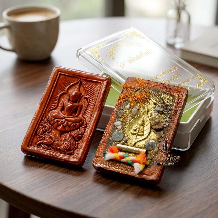 ✨ Authentic Thai Amulet Phra Somdej Whak Marn Kaisorn Naga Baked Clay - Blessed Statue with Phra Pidta Reverse for Ultimate Wealth and Barrier Protection Thai Blessing Co By RURUECHA