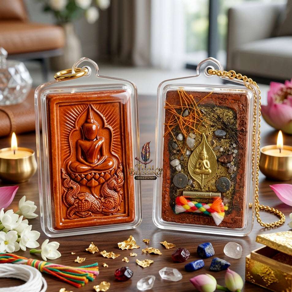 ✨ Authentic Thai Amulet Phra Somdej Whak Marn Kaisorn Naga Baked Clay - Blessed Statue with Phra Pidta Reverse for Ultimate Wealth and Barrier Protection Thai Blessing Co By RURUECHA