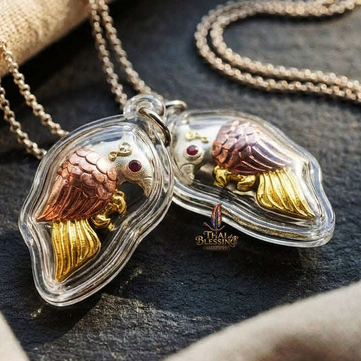 Authentic Thai Amulet "Salika Maha Long Sacred 2K Gold & Silver Plated Bronze Celestial Bird Pendant" Consecrated by Luang Pu Thongwan, Wat Ban Pak Dom B.E. 2566 (2023) - Hypnotic Speech Charm, Sales Success & High Metta Attraction