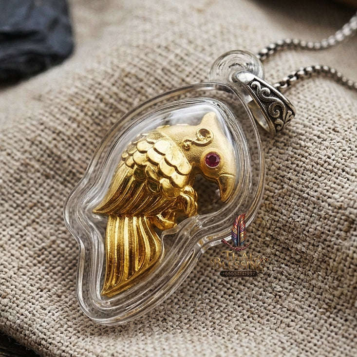 Authentic Thai Amulet "Salika Maha Long Sacred Gold-Plated Bronze Celestial Bird Pendant" Hypnotic Speech Charm, Sales Success & High Metta Attraction Thai Blessing Co By RURUECHA