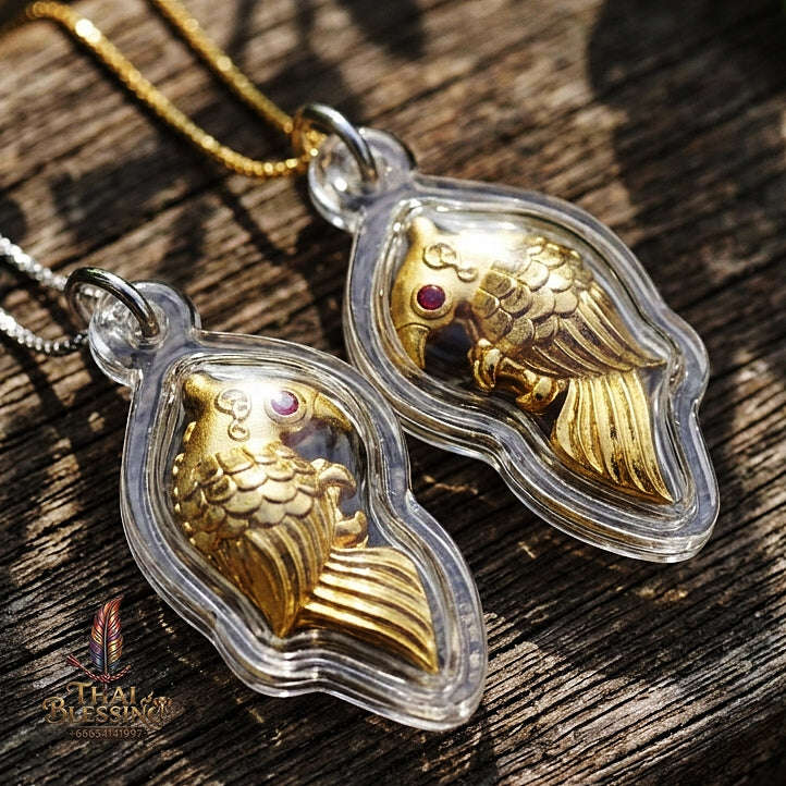 Authentic Thai Amulet "Salika Maha Long Sacred Gold-Plated Bronze Celestial Bird Pendant" Hypnotic Speech Charm, Sales Success & High Metta Attraction Thai Blessing Co By RURUECHA