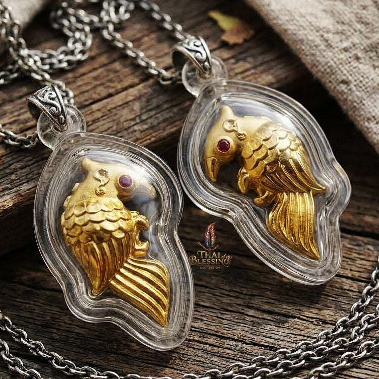 Authentic Thai Amulet "Salika Maha Long Sacred Gold-Plated Bronze Celestial Bird Pendant" Hypnotic Speech Charm, Sales Success & High Metta Attraction Thai Blessing Co By RURUECHA