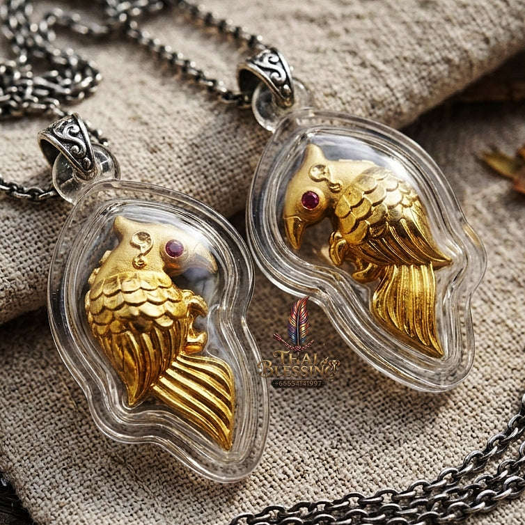 Authentic Thai Amulet "Salika Maha Long Sacred Gold-Plated Bronze Celestial Bird Pendant" Hypnotic Speech Charm, Sales Success & High Metta Attraction Thai Blessing Co By RURUECHA