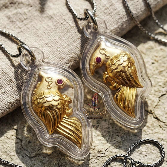 Authentic Thai Amulet "Salika Maha Long Sacred Gold-Plated Bronze Celestial Bird Pendant" Hypnotic Speech Charm, Sales Success & High Metta Attraction Thai Blessing Co By RURUECHA