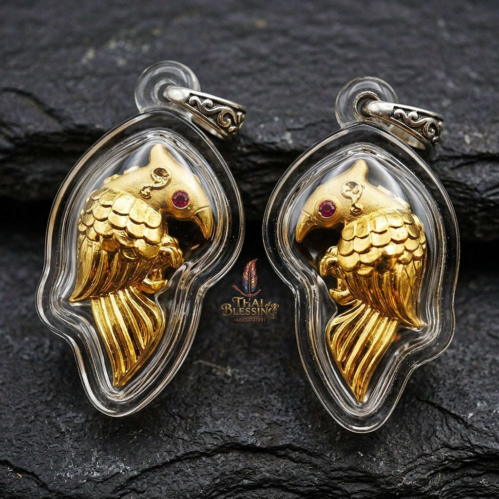 Authentic Thai Amulet "Salika Maha Long Sacred Gold-Plated Bronze Celestial Bird Pendant" Hypnotic Speech Charm, Sales Success & High Metta Attraction Thai Blessing Co By RURUECHA