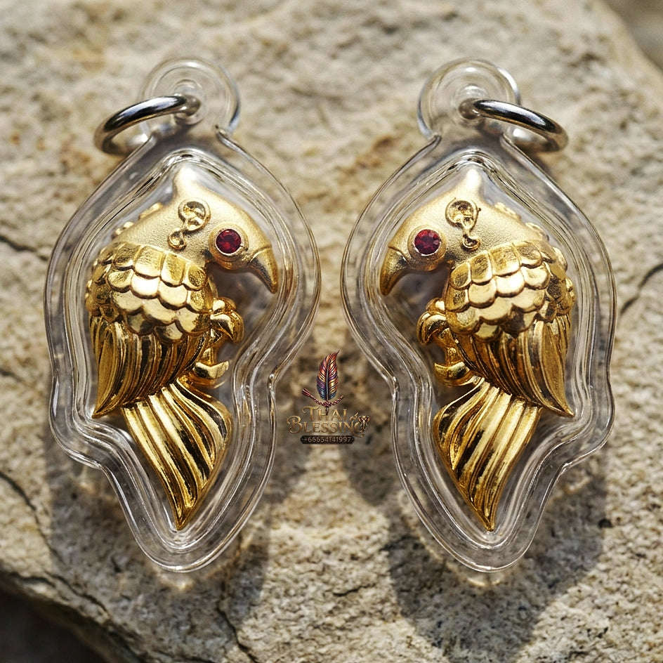 Authentic Thai Amulet "Salika Maha Long Sacred Gold-Plated Bronze Celestial Bird Pendant" Hypnotic Speech Charm, Sales Success & High Metta Attraction Thai Blessing Co By RURUECHA