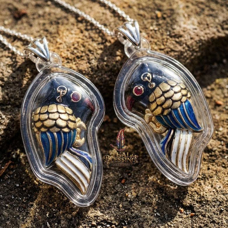 Authentic Thai Amulet "Salika Maha Long Sacred Golden Celestial Bird Pendant" Gold-Plated Enamel Bronze Consecrated by Luang Pu Thongwan, Wat Ban Pak Dom B.E. 2568 (2025) - Hypnotic Speech Charm, Sales Success & High Metta Attraction Thai