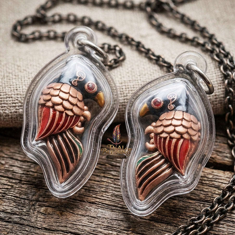 Authentic Thai Amulet "Salika Maha Long Sacred Satin Red Bronze Celestial Bird Pendant" Hypnotic Speech Charm, Sales Success & High Metta Attraction