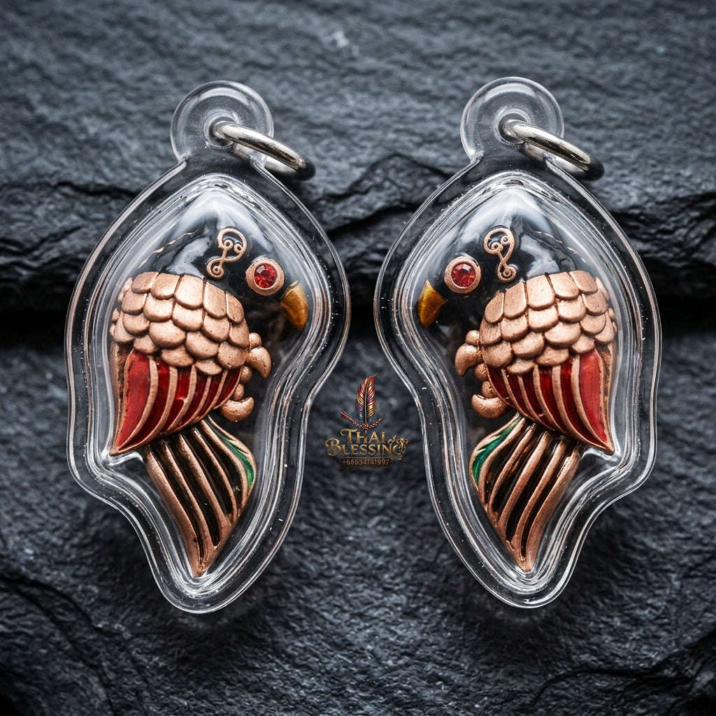 Authentic Thai Amulet "Salika Maha Long Sacred Satin Red Bronze Celestial Bird Pendant" Hypnotic Speech Charm, Sales Success & High Metta Attraction
