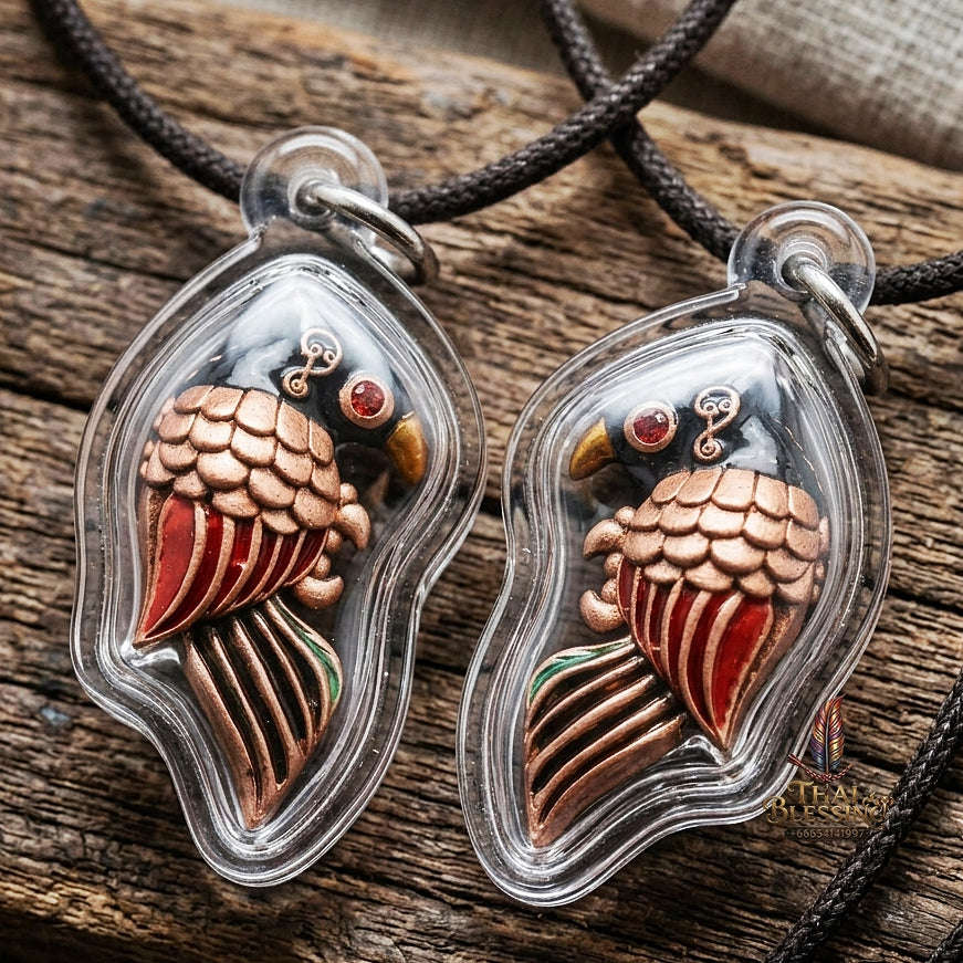 Authentic Thai Amulet "Salika Maha Long Sacred Satin Red Bronze Celestial Bird Pendant" Hypnotic Speech Charm, Sales Success & High Metta Attraction