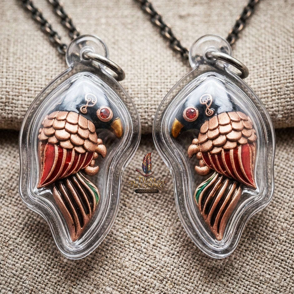 Authentic Thai Amulet "Salika Maha Long Sacred Satin Red Bronze Celestial Bird Pendant" Hypnotic Speech Charm, Sales Success & High Metta Attraction