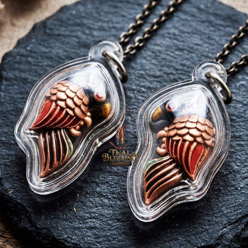 Authentic Thai Amulet "Salika Maha Long Sacred Satin Red Bronze Celestial Bird Pendant" Hypnotic Speech Charm, Sales Success & High Metta Attraction Thai Blessing Co By RURUECHA